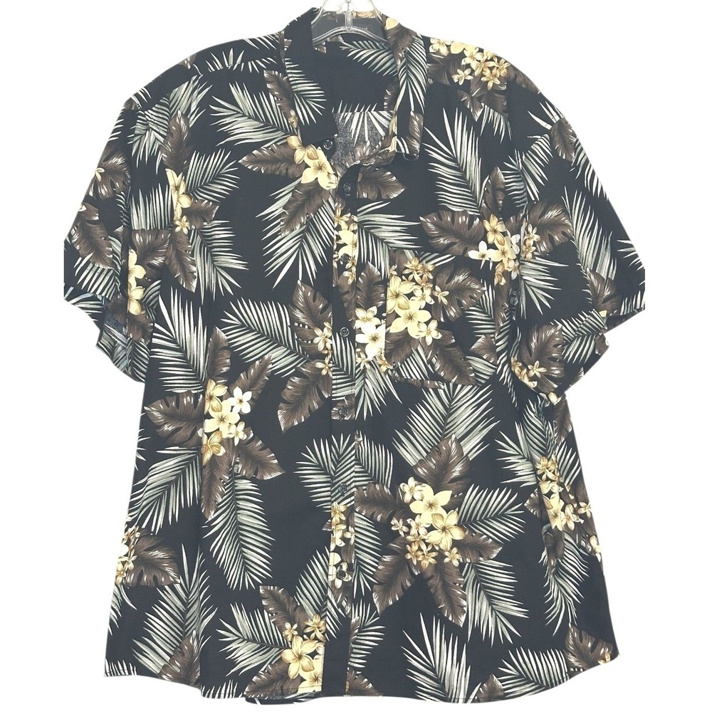 Hisdern Tropical Floral Button Down Mens Black Palm Leaf Short Sleeve Beach 3XL